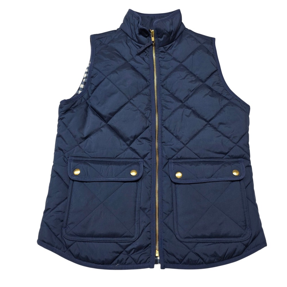 J.Crew Excursion Quilted Vest Women XS Navy Blue Gingham Lined Full Zip BU262